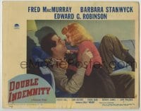 3c428 DOUBLE INDEMNITY LC #8 '44 romantic c/u of Barbara Stanwyck & Fred MacMurray, Billy Wilder!