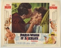 3c573 PARIS WHEN IT SIZZLES LC #2 '64 sexy Audrey Hepburn & William Holden kissing in France!