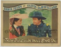 3c686 THEY DIED WITH THEIR BOOTS ON LC '41 romantic close up of Errol Flynn & Olivia De Havilland!
