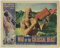 3c713 WAR OF THE COLOSSAL BEAST LC #1 '58 c/u of deformed monster picking up truck like a toy!