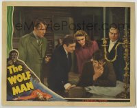 3c729 WOLF MAN LC '41 Claude Rains & Evelyn Ankers look at distraught Lon Chaney Jr., rare!
