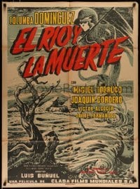 3c235 EL RIO Y LA MUERTE Mexican poster '54 Luis Bunuel, cool art of Death looming over river!
