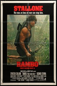 3c083 RAMBO FIRST BLOOD PART II style B int'l 1sh '85 no law, no war can stop Sylvester Stallone!