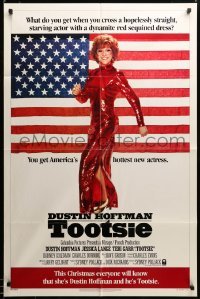 3c166 TOOTSIE int'l advance 1sh '82 full-length image of Dustin Hoffman in drag by American flag!