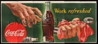 3d055 COCA-COLA billboard '49 art of mechanic hand with Coke bottle, wrench & spark plug!