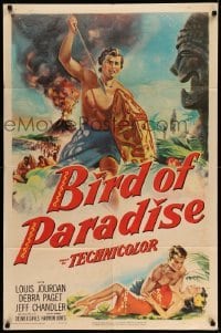 3f086 BIRD OF PARADISE 1sh '51 art of barechested Louis Jourdan & tropical sexy Debra Paget!
