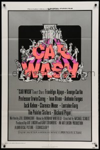 3f144 CAR WASH int'l 1sh '76 written by Joel Schumacher, cool Drew art of cast around title!