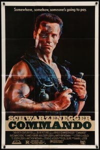 3f177 COMMANDO 1sh '85 Arnold Schwarzenegger is going to make someone pay!