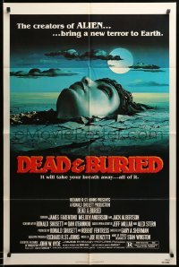 3f208 DEAD & BURIED 1sh '81 really cool horror art of person buried up to the neck by Campanile!
