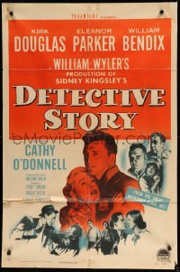 3f219 DETECTIVE STORY 1sh '51 William Wyler, Kirk Douglas can't forgive Eleanor Parker!