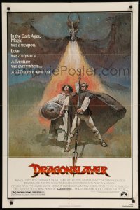 3f239 DRAGONSLAYER 1sh '81 cool Jeff Jones fantasy artwork of Peter MacNicol w/spear & dragon!