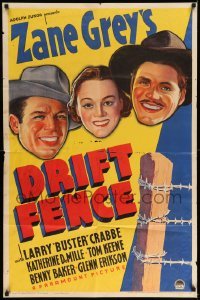 3f242 DRIFT FENCE style A 1sh '36 Buster Crabbe western action, cattle war on the frontier!