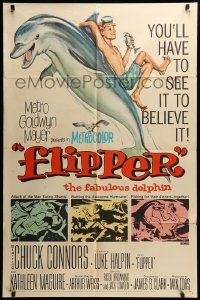 3f310 FLIPPER 1sh '63 Chuck Connors, Luke Halpin, cool art of boy & dolphin!