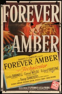 3f319 FOREVER AMBER 1sh '47 stone litho of sexy Linda Darnell & Cornel Wilde, Otto Preminger!