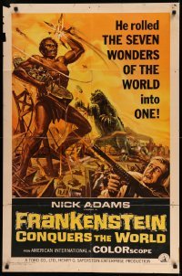 3f324 FRANKENSTEIN CONQUERS THE WORLD 1sh '66 Toho, art of monsters terrorizing by Reynold Brown!