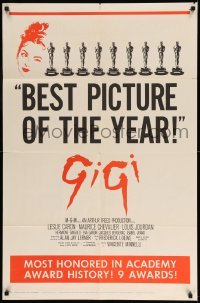 3f346 GIGI awards 1sh '58 art of winking Leslie Caron, Best Director & Best Picture winner!