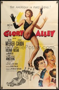 3f352 GLORY ALLEY 1sh '52 boxer Ralph Meeker, sexy Leslie Caron, Louis Armstrong playing trumpet!