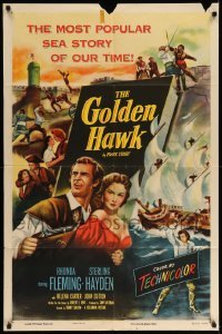 3f361 GOLDEN HAWK 1sh '52 art of pretty Rhonda Fleming & swashbuckling Sterling Hayden!