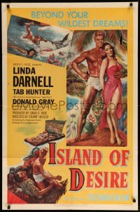 3f437 ISLAND OF DESIRE 1sh '52 full-length art of sexy Linda Darnell & barechested Tab Hunter!