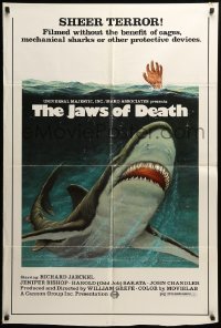 3f444 JAWS OF DEATH 1sh '76 great artwork image of giant shark underwater!