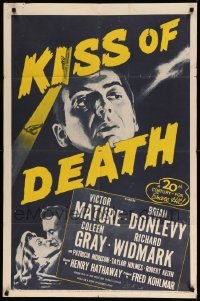 3f476 KISS OF DEATH 1sh R53 c/u of Victor Mature & kissing Coleen Gray, film noir classic!