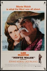 3f594 MONTE WALSH 1sh '70 cowboy Lee Marvin & pretty Jeanne Moreau, cool orange credit design!