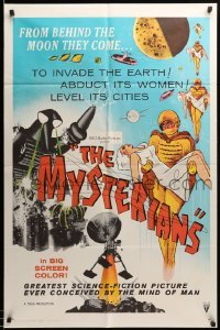 3f620 MYSTERIANS 1sh '59 they're abducting Earth's women & leveling its cities, RKO printing!