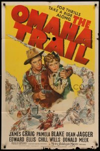 3f658 OMAHA TRAIL 1sh '42 artwork of cowboy James Craig & Pamela Blake, wagon train attack!