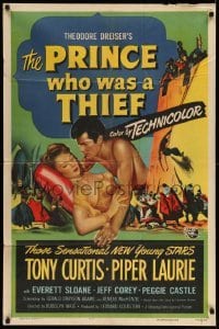 3f713 PRINCE WHO WAS A THIEF 1sh '51 romantic art of Tony Curtis & pretty Piper Laurie!