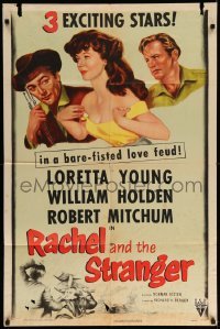3f725 RACHEL & THE STRANGER 1sh R53 William Holden, Robert Mitchum, Loretta Young, different!