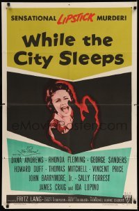 3f968 WHILE THE CITY SLEEPS style A 1sh '56 great image of Lipstick Killer's victim, Fritz Lang!
