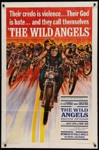 3f972 WILD ANGELS 1sh '66 classic art of biker Peter Fonda & sexy Nancy Sinatra on motorcycle!