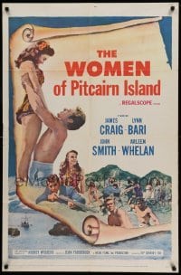 3f984 WOMEN OF PITCAIRN ISLAND 1sh '57 James Craig lifting sexy Lynn Bari in swimsuit, South Seas!