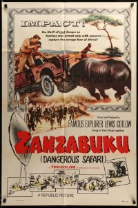 3f996 ZANZABUKU 1sh '56 Dangerous Safari in savage Africa, art of rhino ramming jeep!