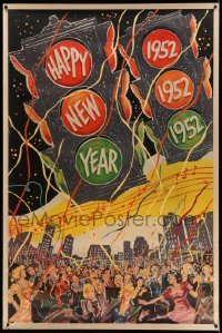 3h042 HAPPY NEW YEAR 1952 40x60 '52 great artwork of huge crowd celebrating in Times Square!