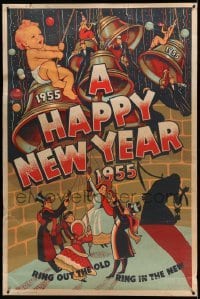 3h044 HAPPY NEW YEAR 1955 40x60 '55 great art of giant baby & people on bells that are ringing!