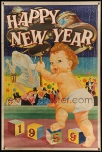 3h046 HAPPY NEW YEAR 1959 40x60 '59 art of baby ringing bells over Father Time and fancy party!
