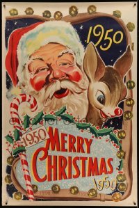 3h055 MERRY CHRISTMAS 1950 40x60 '50 great art of Santa Claus & Rudolph the Red Nosed Reindeer!