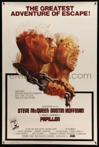 3h058 PAPILLON 40x60 '73 great art of prisoners Steve McQueen & Dustin Hoffman by Tom Jung!