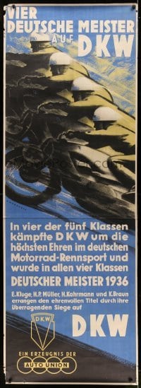 3h013 DKW 27x76 German advertising poster '36 V. Mundorff art of men on speeding motorcycles!