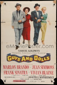 3k674 GUYS & DOLLS 1sh '55 Marlon Brando, Jean Simmons, Frank Sinatra & Blaine arm-in-arm!