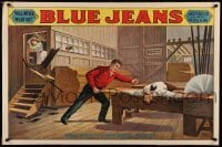 3k190 BLUE JEANS 28x42 stage poster 1890 stone litho of man about to be bisected by sawblade!