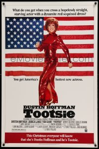 3k957 TOOTSIE advance 1sh '82 great full-length image of Dustin Hoffman in drag by American flag!