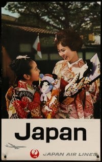 3k238 JAPAN AIR LINES JAPAN 25x39 Japanese travel poster '62 cool image of woman and child!