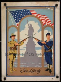 3k107 FOR LIBERTY 14x20 WWI war poster '18 Lionel Hayes art of soldiers guarding Statue of Liberty!