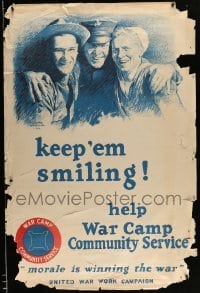 3k108 KEEP 'EM SMILING 28x42 WWI war poster '18 artwork of smiling personnel by Leone M. Bracker!
