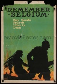 3k112 REMEMBER BELGIUM 20x30 WWI war poster '18 Ellsworth Young art of German soldier w/young girl!