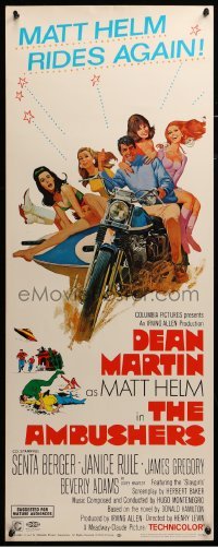 3m411 AMBUSHERS insert '67 art of Dean Martin as Matt Helm with sexy Slaygirls on motorcycle!