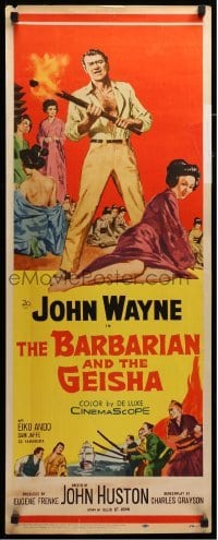 3m431 BARBARIAN & THE GEISHA insert '58 John Huston, art of John Wayne with torch & Eiko Ando!