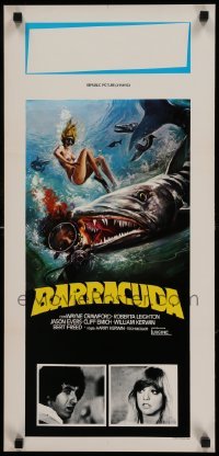 3m218 BARRACUDA Italian locandina '78 artwork of huge killer fish attacking sexy diver in bikini!